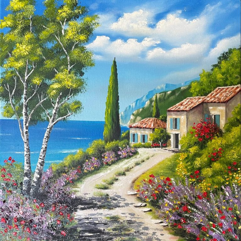 Peinture de fleurs sur chevalet avec bouquet de fleurs fraîches à côté.