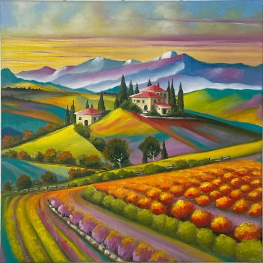 Paysage de collines avec vignobles colorés et maisons au toit rouge sous un ciel nuageux.