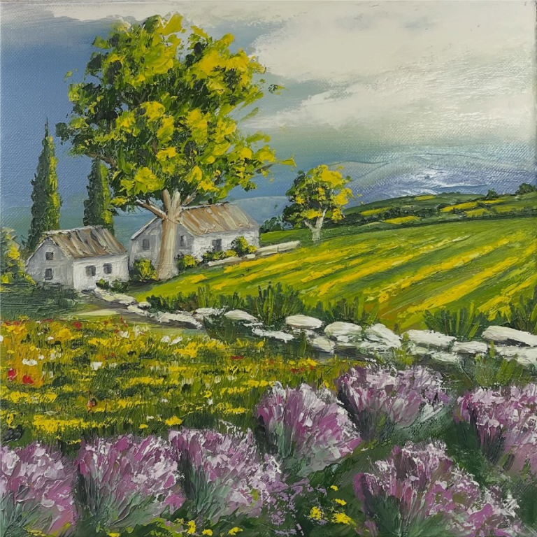 Peinture de fleurs sur chevalet avec bouquet de fleurs fraîches à côté.